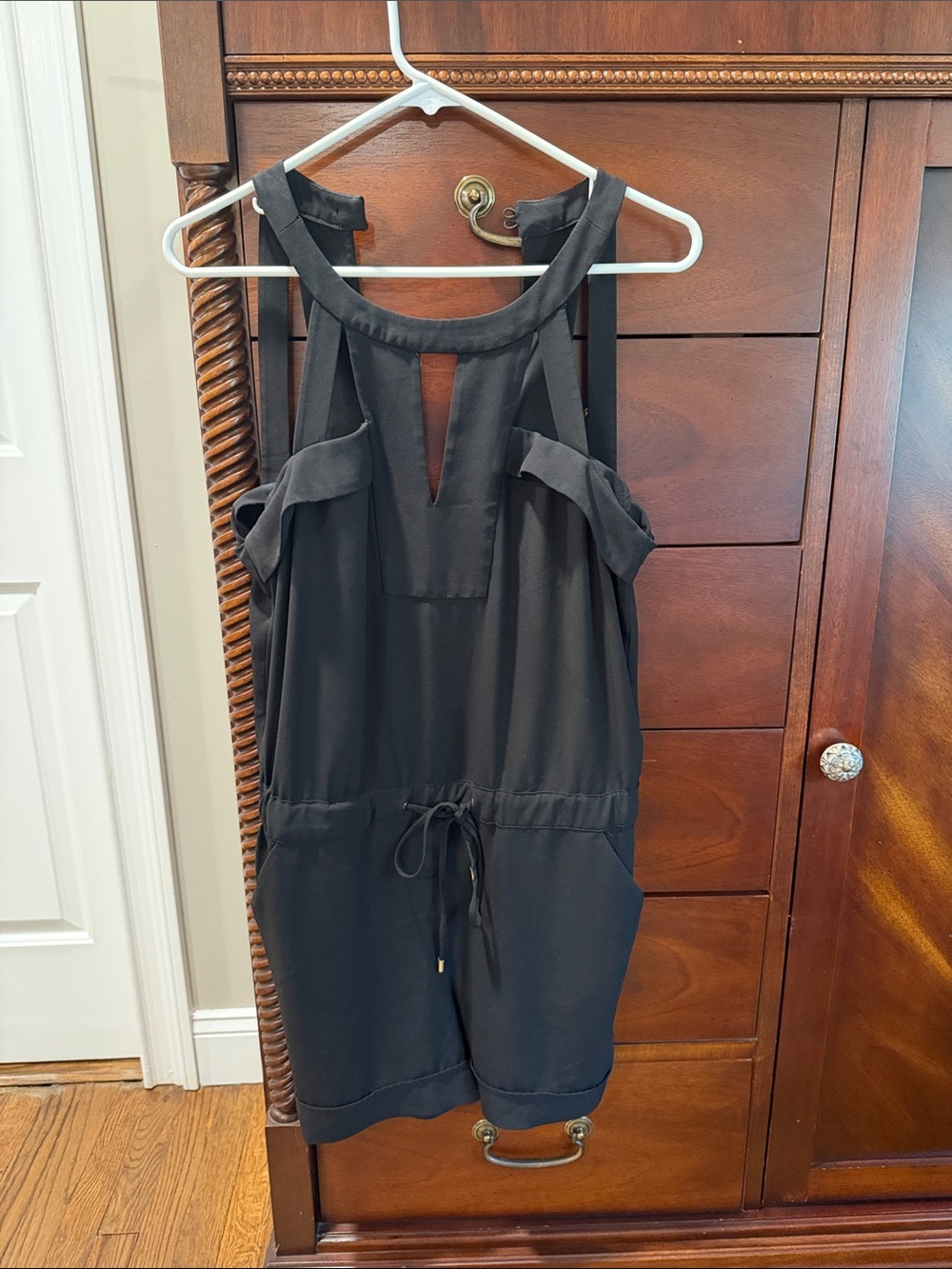 Cache Black Sleeveless Romper with Drawstring Waist